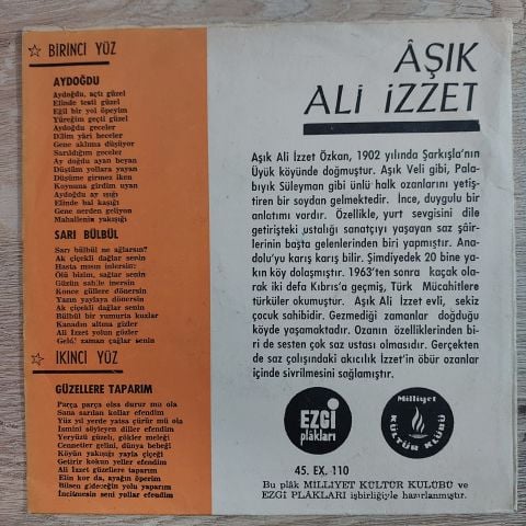AŞIK ALİ İZZET - AYDOĞDU 3 ŞARKILIK 45LİK PLAK