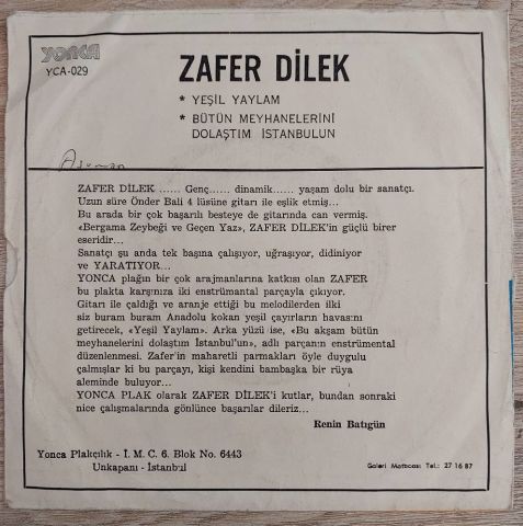 Zafer Dilek – Bütün Meyhanelerini Dolaştım İstanbul'un / Yeşil Yaylam 45LİK PLAK