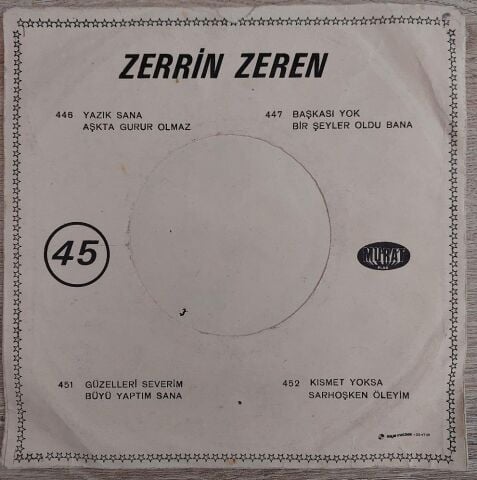 Zerrin Zeren – Yazık Sana / Aşkta Gurur Olmaz 45LİK PLAK