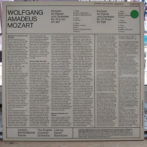 Wolfgang Amadeus Mozart, Daniel Barenboim, The English Chamber Orchestra* – Klavierkonzerte Nr. 21 C-dur KV467 und Nr. 27 B-dur KV 595 LP PLAK
