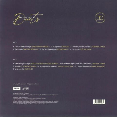 Andrea Bocelli – Duets – 30th Anniversary (The Highlights) LP PLAK