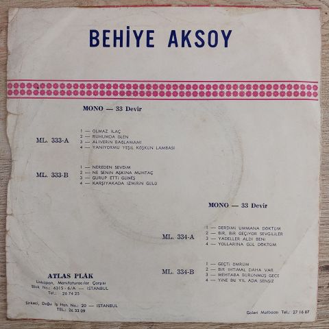 Behiye Aksoy – Mini Long Play 45LİK PLAK