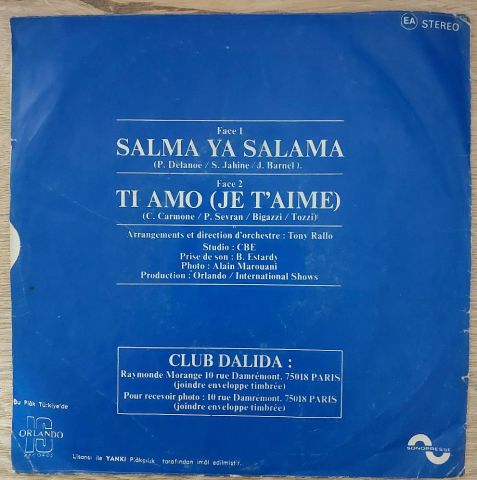 Dalida – Salma Ya Salama / Ti Amo (Je T'aime) 45LİK PLAK