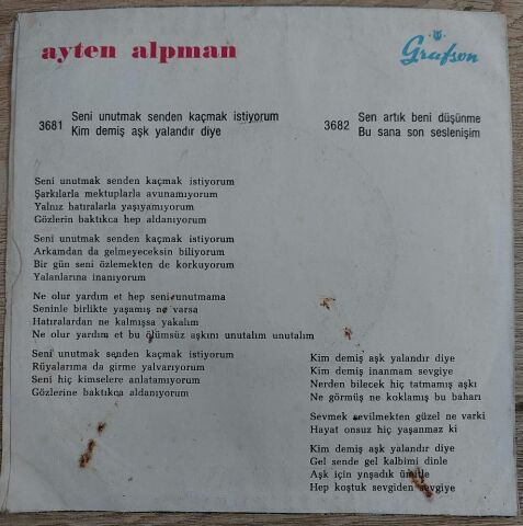 Ayten Alpman – Seni Unutmak Senden Kaçmak İstiyorum / Kim Demiş Aşk Yalandır Diye 45LİK PLAK