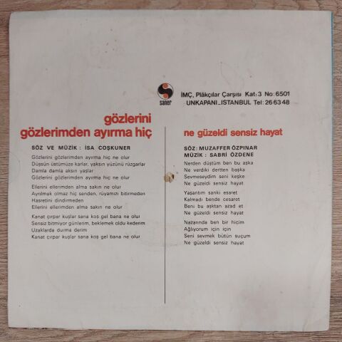 İnci Çayırlı – Gözlerini Gözlerimden Ayırma Hiç / Ne Güzeldi Sensiz Hayat 45LİK PLAK