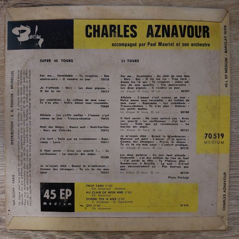Charles Aznavour Accompagné Par Paul Mauriat Et Son Orchestre* – Trop Tard 45LİK PLAK