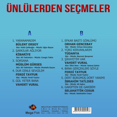 Çeşitli Sanatçılar - Ünlülerden Seçmeler LP PLAK