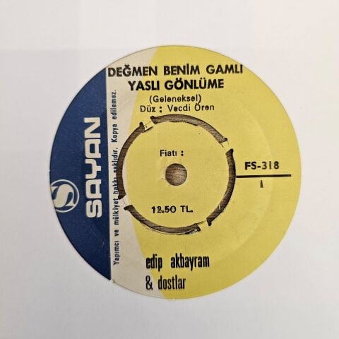 Edip Akbayram & Dostlar – Değmen Benim Gamlı Yaslı Gönlüme / Yakar İnceden İnceden 45LİK PLAK...