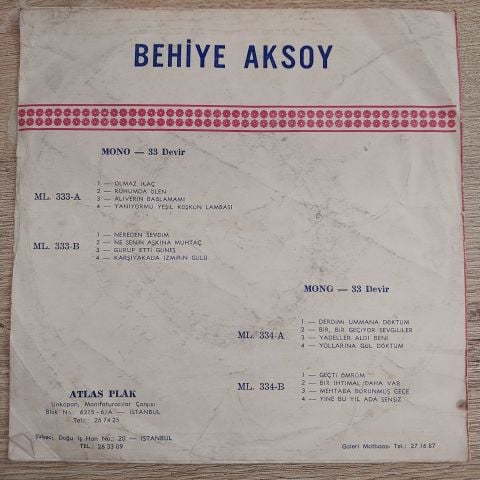 BEHİYE AKSOY - NEREDEN SEVDİM 8 ŞARKILIK 45LİK PLAK