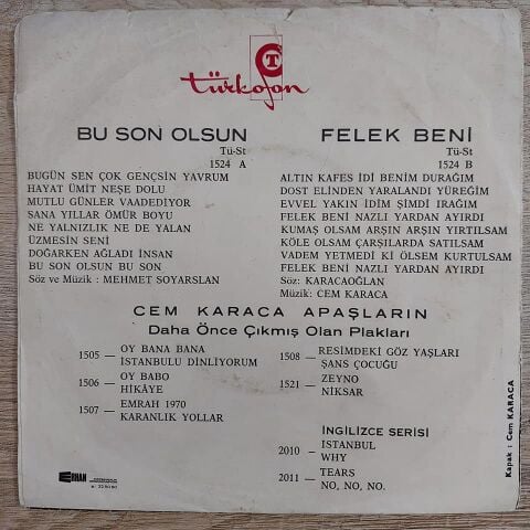 Cem Karaca – Bu Son Olsun / Felek Beni 45LİK PLAK