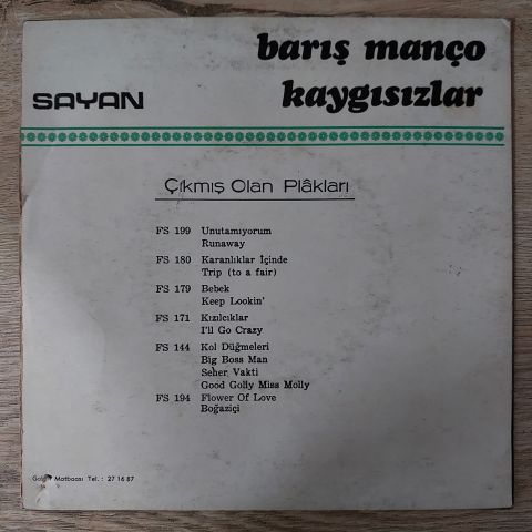 Barış Manço, Kaygısızlar – Kol Düğmeleri - Big Boss Man / Seher Vakti - Good Golly Miss Molly 45LİK PLAK...