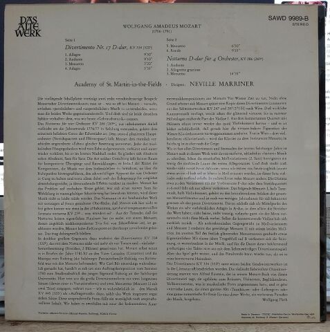 Wolfgang Amadeus Mozart, The Academy Of St. Martin-in-the-Fields , Dirigent: Neville Mariner* – Notturno KV 286 / Divertimento KV 334 LP PLAK