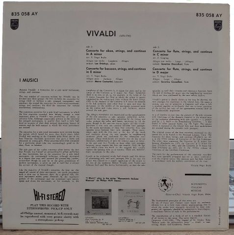 Vivaldi*, I Musici – Concerto For Oboe, Strings, And Continuo In A Minor / Concerto For Bassoon, Strings, And Continuo In E Minor / Concerto For Flute, Strings, And Continuo In C Minor / Concerto For Flute, Strings, And Continuo In D Major LP PLAK