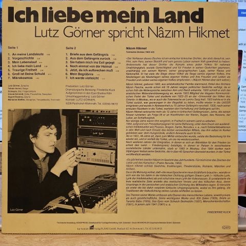 Nâzim Hikmet – Ich Liebe Mein Land (Lutz Görner Spricht Nâzim Hikmet) LP PLAK