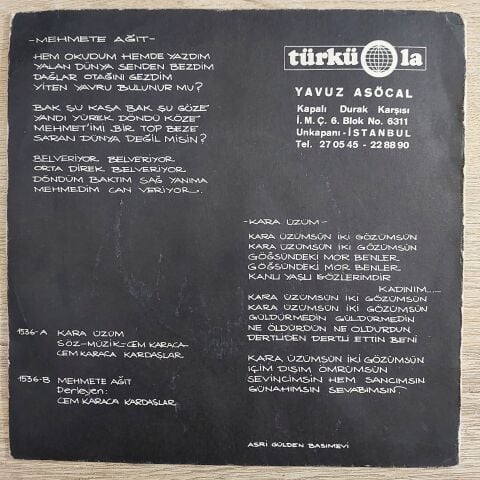 Cem Karaca & Kardaşlar – Kara Üzüm / Mehmete Ağıt 45LİK PLAK