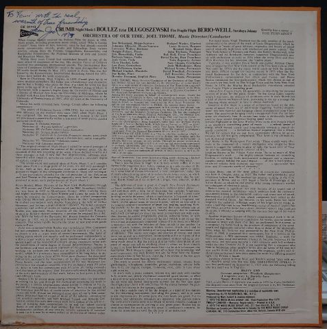 Crumb* / Boulez* / Dlugoszewski* / Berio* - Weill*, Jan DeGaetani, Johanna Albrecht, Orchestra Of Our Time* Conducted By Joel Thome – Night Music I / Eclat / Fire Fragile Flight / Surabaya Johnny LP PLAK