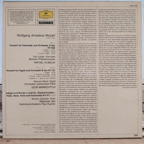 Wolfgang Amadeus Mozart Maurice Allard, Orchestre Des Concerts Lamoureux, Nicanor Zabaleta, Igor Markevitch, Orchestre De Chambre Paul Kuentz – Klarinettenkonzert - Fagottkonzert - Adagio und Rondo KV 617 LP PLAK