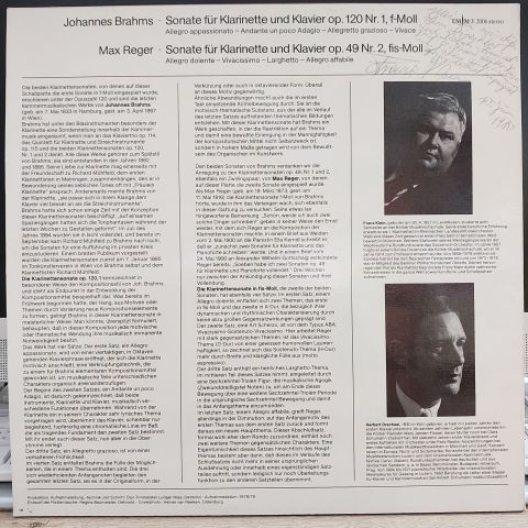 JOHANNES BRAHMS MAX REGER LP PLAK