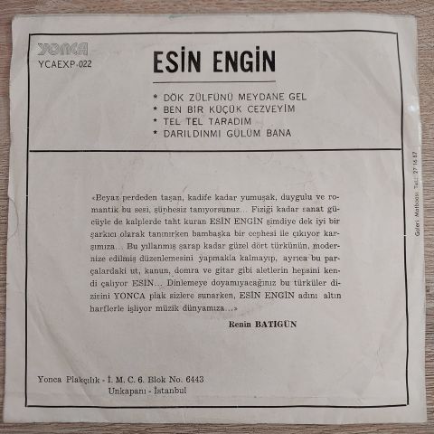 ESİN ENGİN -  DÖKME ZÜLFÜNÜ MEYDANA GEL 45LİK PLAK