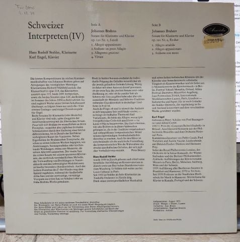 Hans-Rudolf Stalder, Karl Engel, Brahms* – Schweizer Interpreten (IV) LP PLAK
