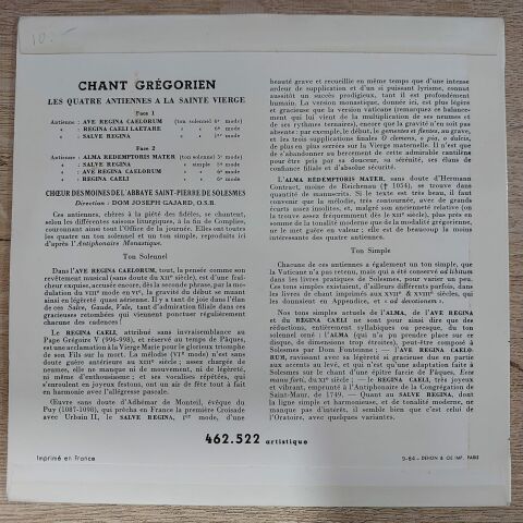 Choeur Des Moines De L'Abbaye St-Pierre De Solesmes*, Dom J. Gajard O.S.B.* – Chant Grégorien: Les Quatre Antiennes A La Sainte Vierge 45LİK PLAK