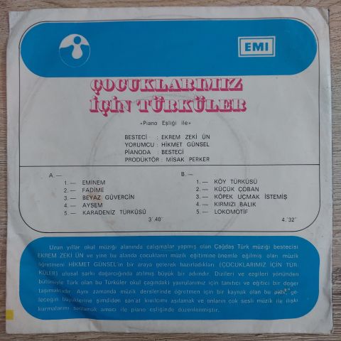 ÇOCUKLARIMIZ İÇİN TÜRKÜLER 8 ŞARKILIK 45LİK PLAK