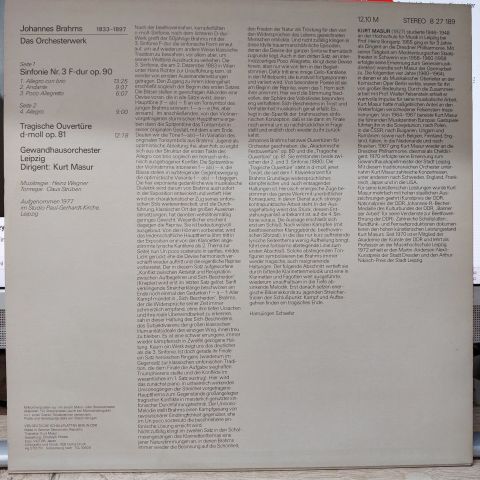 Brahms, Gewandhausorchester Leipzig, Kurt Masur LP PLAK