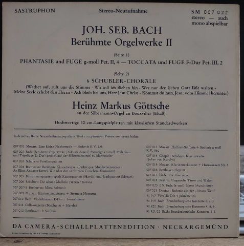 J. S. Bach - Heinz Markus Göttsche – Berühmte Orgelwerke II (Heinz Markus Göttsche An Der Silbermann-Orgel Zu Bouxviller) LP PLAK