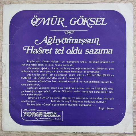 Ömür Göksel – Ağlıyormuşsun / Hasret Tel Oldu Sazıma 45LİK PLAK