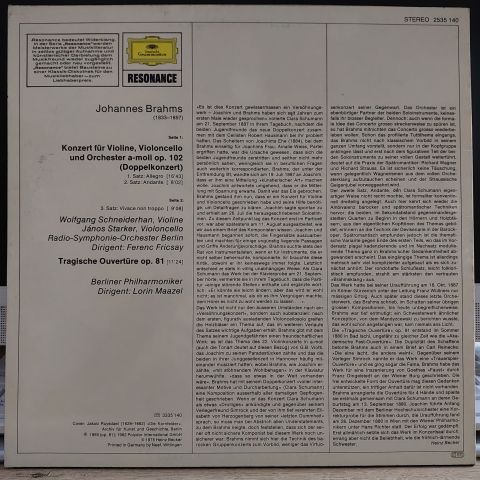 Brahms - Wolfgang Schneiderhan ‧ János Starker*, Berlin Radio Symphony Orchestra*, Ferenc Fricsay – Double Concerto / Tragic Overture LP PLAK