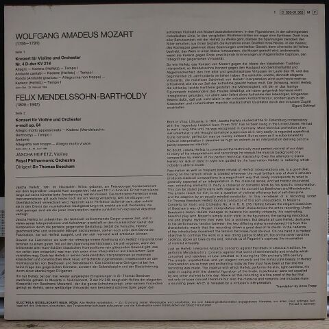 Jascha Heifetz, The Royal Philharmonic Orchestra, Sir Thomas Beecham – Mozart & Mendelssohn Konzerte LP PLAK