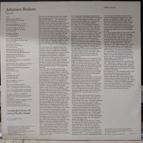 Brahms Annelies Burmeister, Helmut Pfeuffer LP PLAK