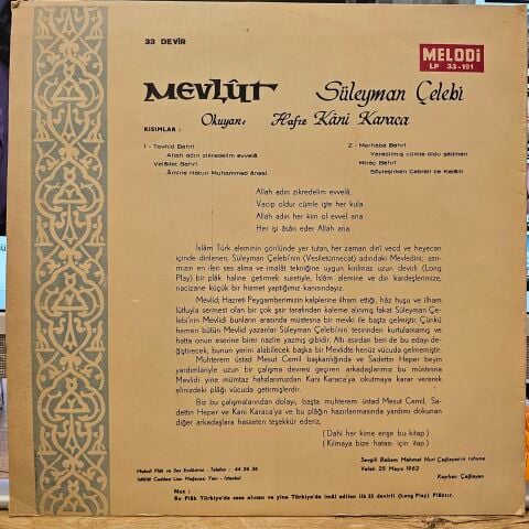 Hafiz Kâni Karaca – Mevlût / Mevlidi Şerif LP PLAK