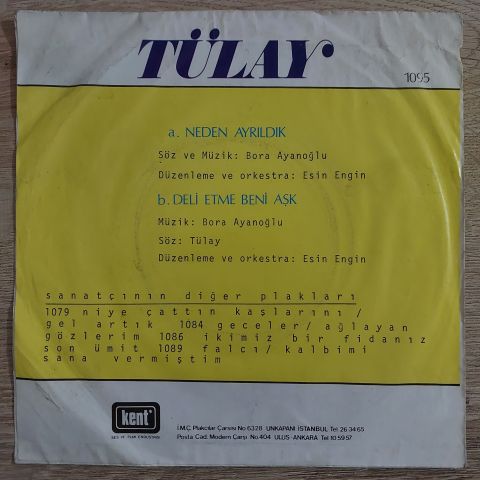 Tülay – Neden Ayrıldık / Deli Etme Beni Aşk 45LİK PLAK